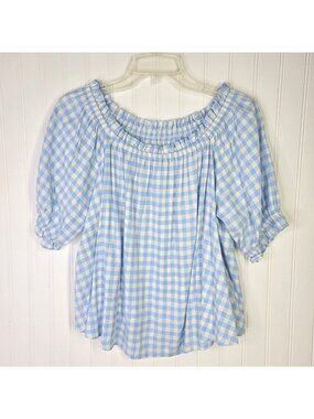 Crown & Ivy Blouse Womens L Blue Gingham Linen Bl Top Puff Sleeve Cottage Picnic